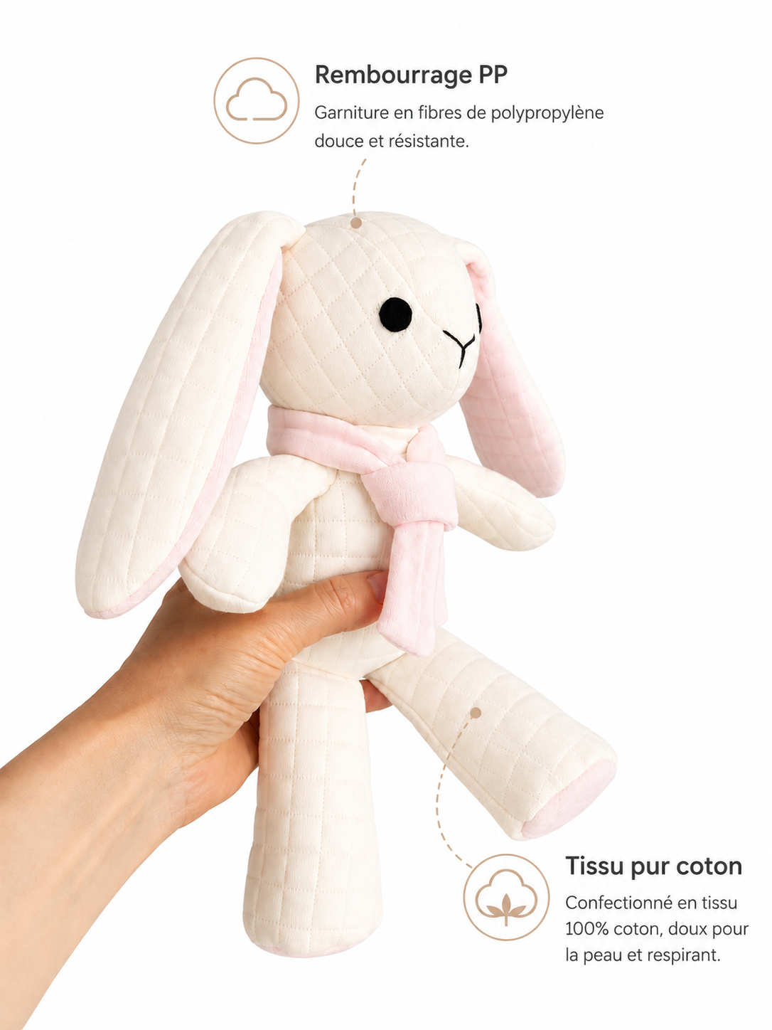 ALBA™ — Peluche Lapin en Coton Matelassé, 25 cm Puppis Mollis