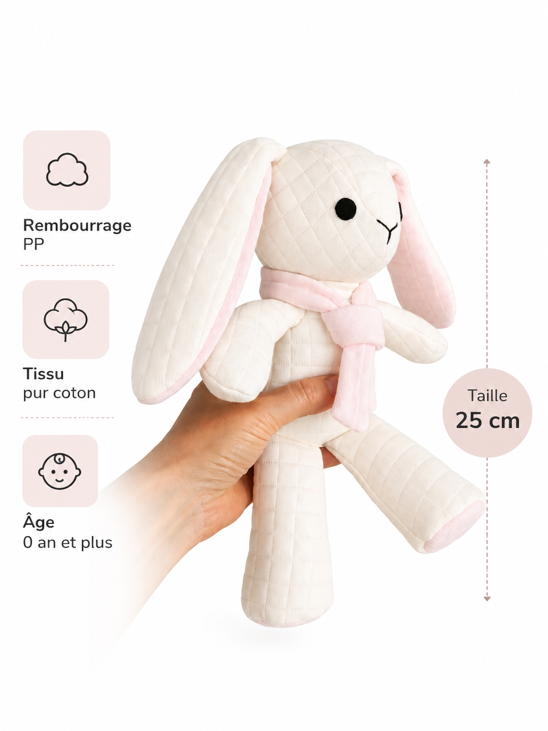 ALBA™ — Peluche Lapin en Coton Matelassé, 25 cm Puppis Mollis